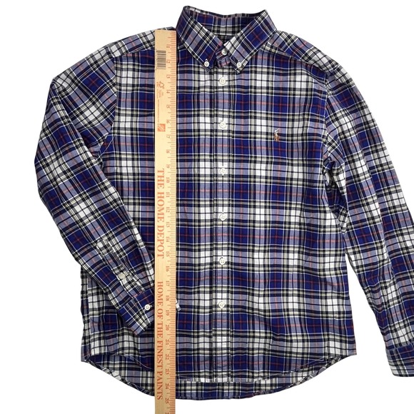 Ralph Lauren Boys Natural Stretch Button Down Blue Plaid 14/16 Large Flesh Pony - Picture 5 of 8